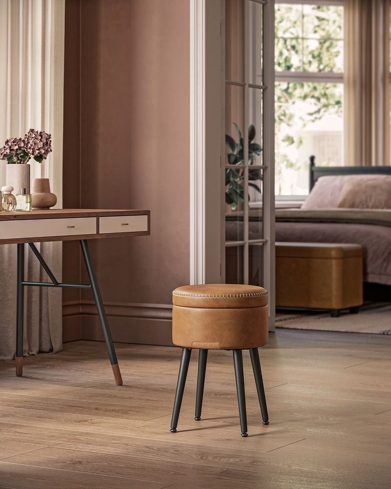 Round Storage Ottoman - Steel Legs - Upholstered Seating