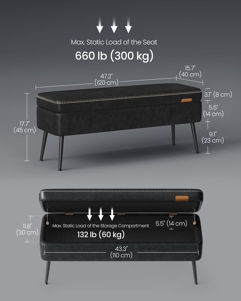 Storage Ottoman Bench - Steel Legs - Forest Green Upholstered