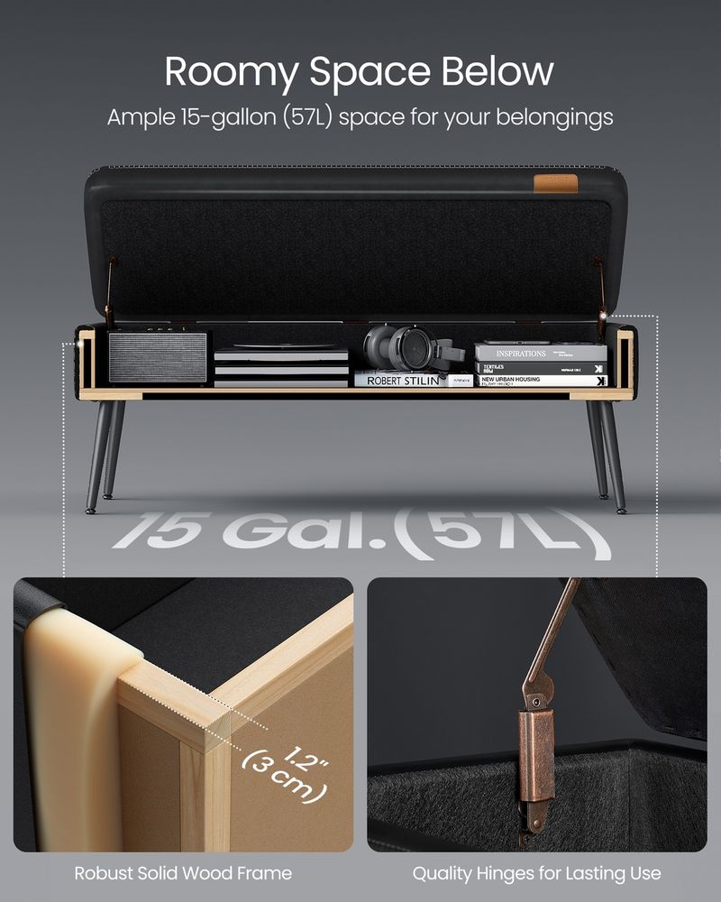 Storage Ottoman Bench - Steel Legs - Forest Green Upholstered