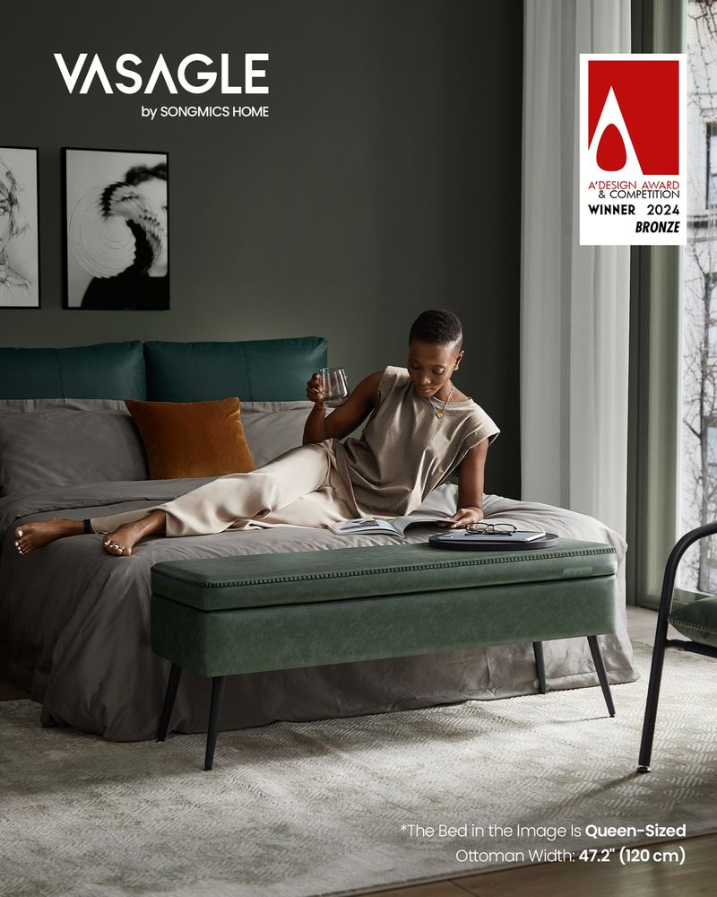 Storage Ottoman Bench - Steel Legs - Forest Green Upholstered