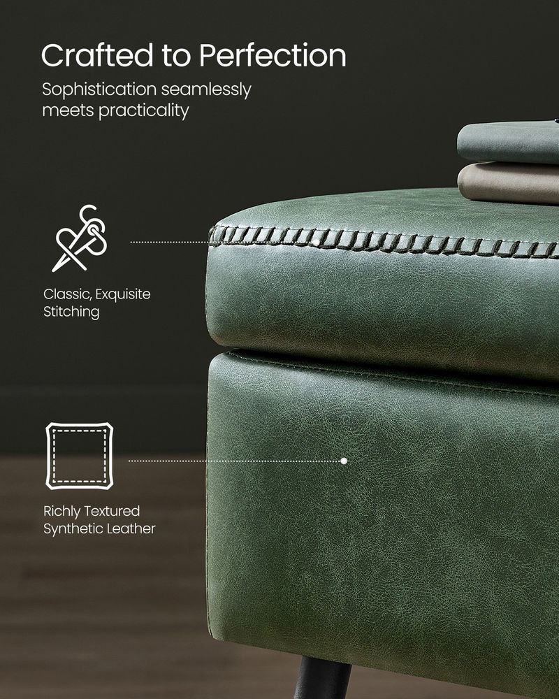 Storage Ottoman Bench - Steel Legs - Forest Green Upholstered