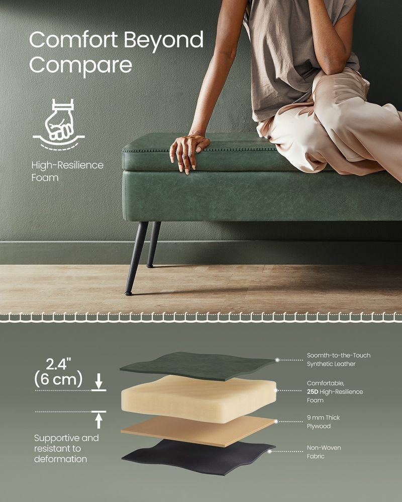 Storage Ottoman Bench - Steel Legs - Forest Green Upholstered