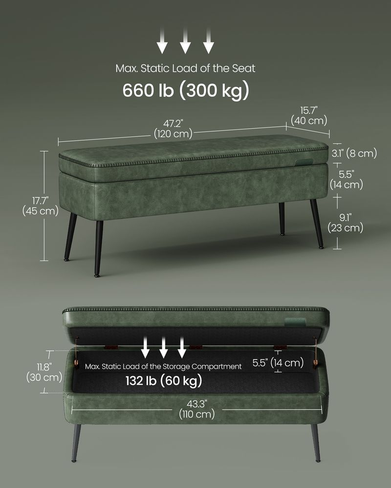 Storage Ottoman Bench - Steel Legs - Forest Green Upholstered