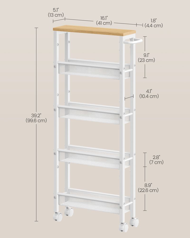 Rolling Storage Cart - 4 Or 5 Tier - Slim With Wheels