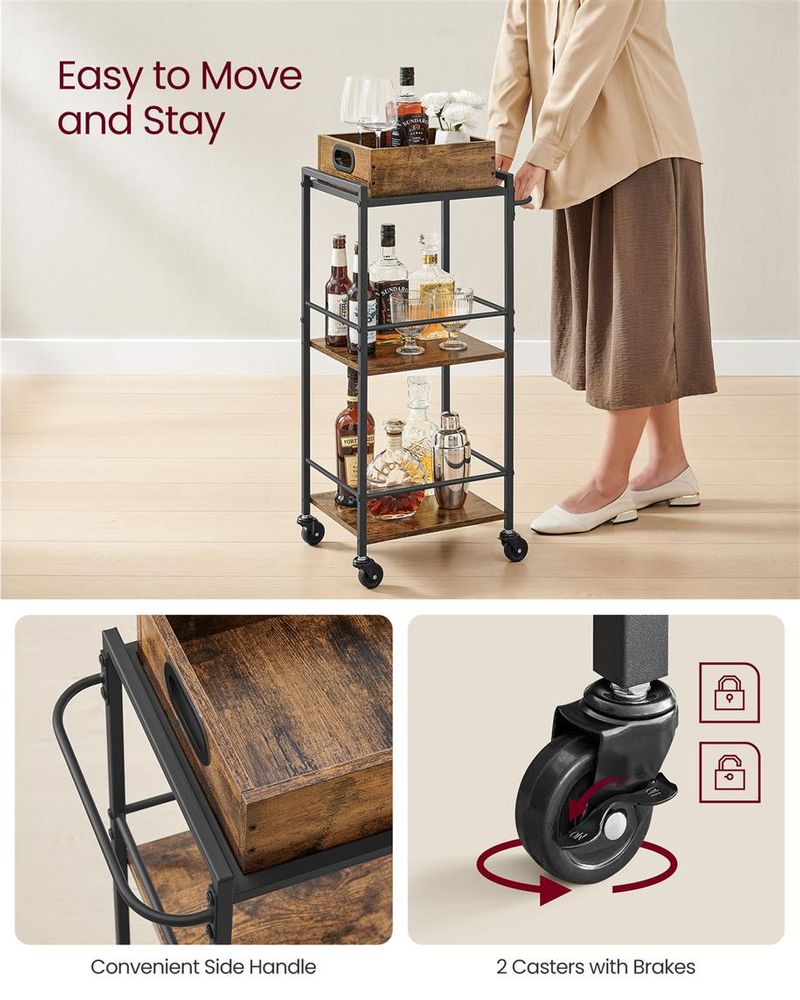 Kitchen Serving Cart - With Removable Tray - Rolling Trolley