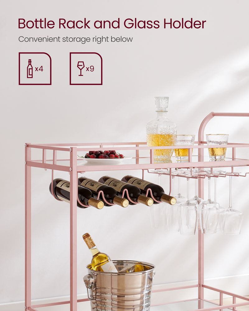 Home Bar Serving Cart - 2 Mirrored Shelves - Rolling Design