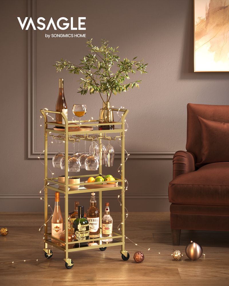 Bar Cart - Small 3 Tier - Mirrored Shelves With Wheels
