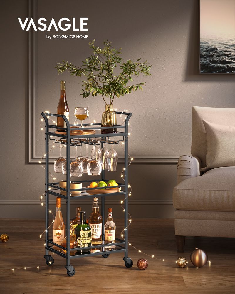 Bar Cart - Small 3 Tier - Mirrored Shelves With Wheels