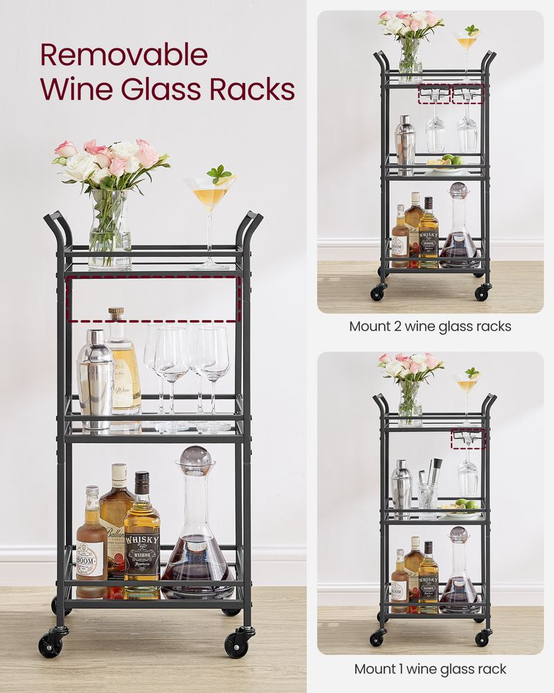 Bar Cart - Small 3 Tier - Mirrored Shelves With Wheels