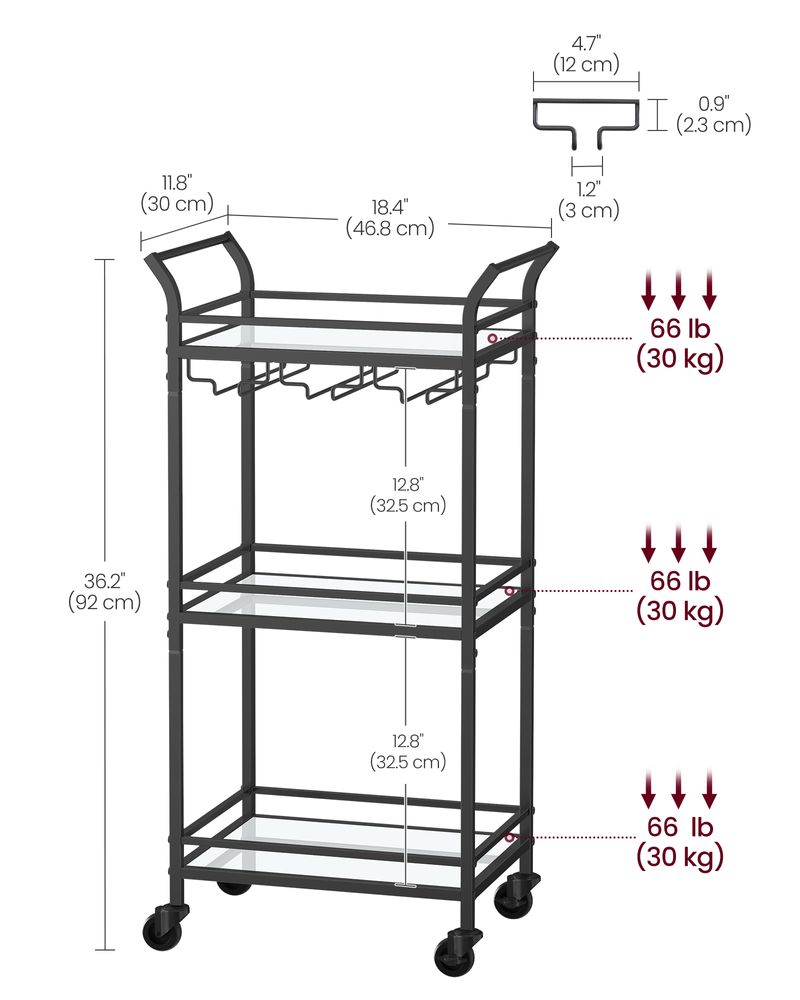 Bar Cart - Small 3 Tier - Mirrored Shelves With Wheels