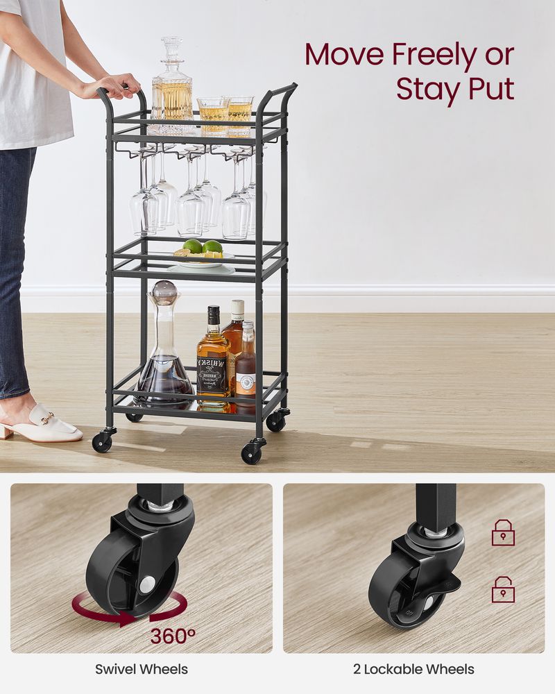 Bar Cart - Small 3 Tier - Mirrored Shelves With Wheels