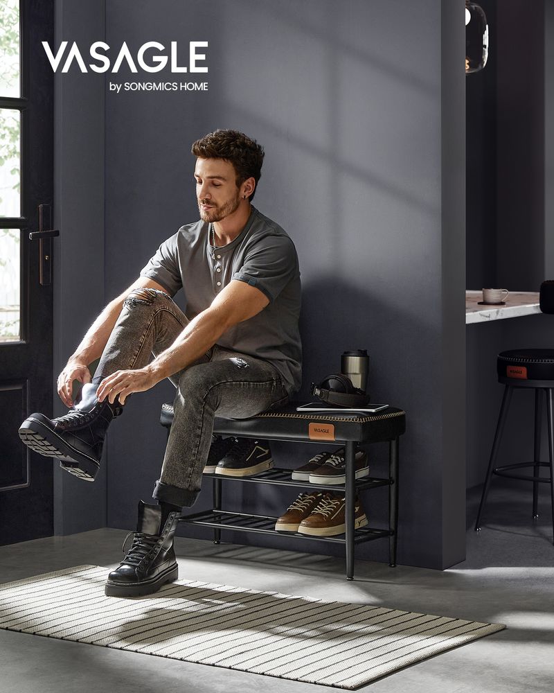 Shoe Bench With Cushion - Metal Shelves - Entryway Storage