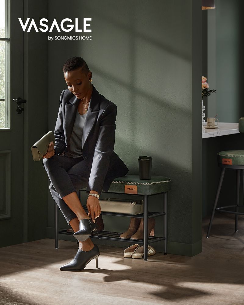 Shoe Bench With Cushion - Metal Shelves - Entryway Storage