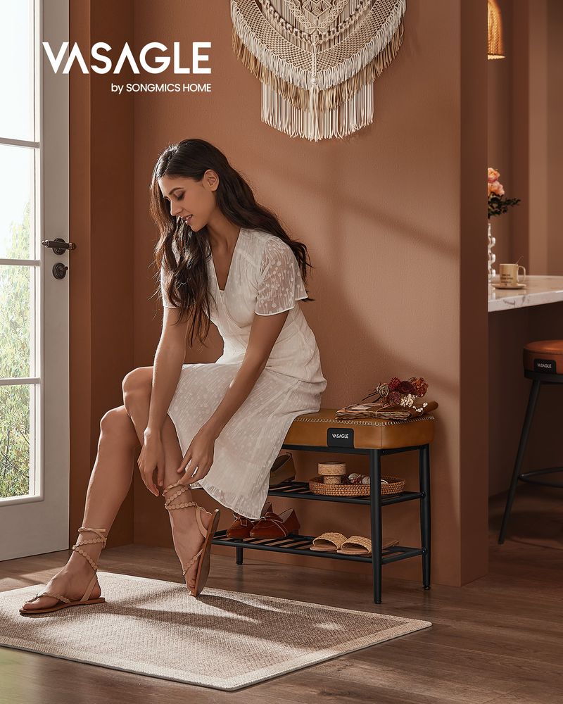 Shoe Bench With Cushion - Metal Shelves - Entryway Storage