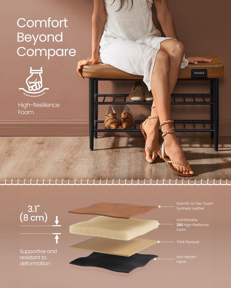 Shoe Bench With Cushion - Metal Shelves - Entryway Storage