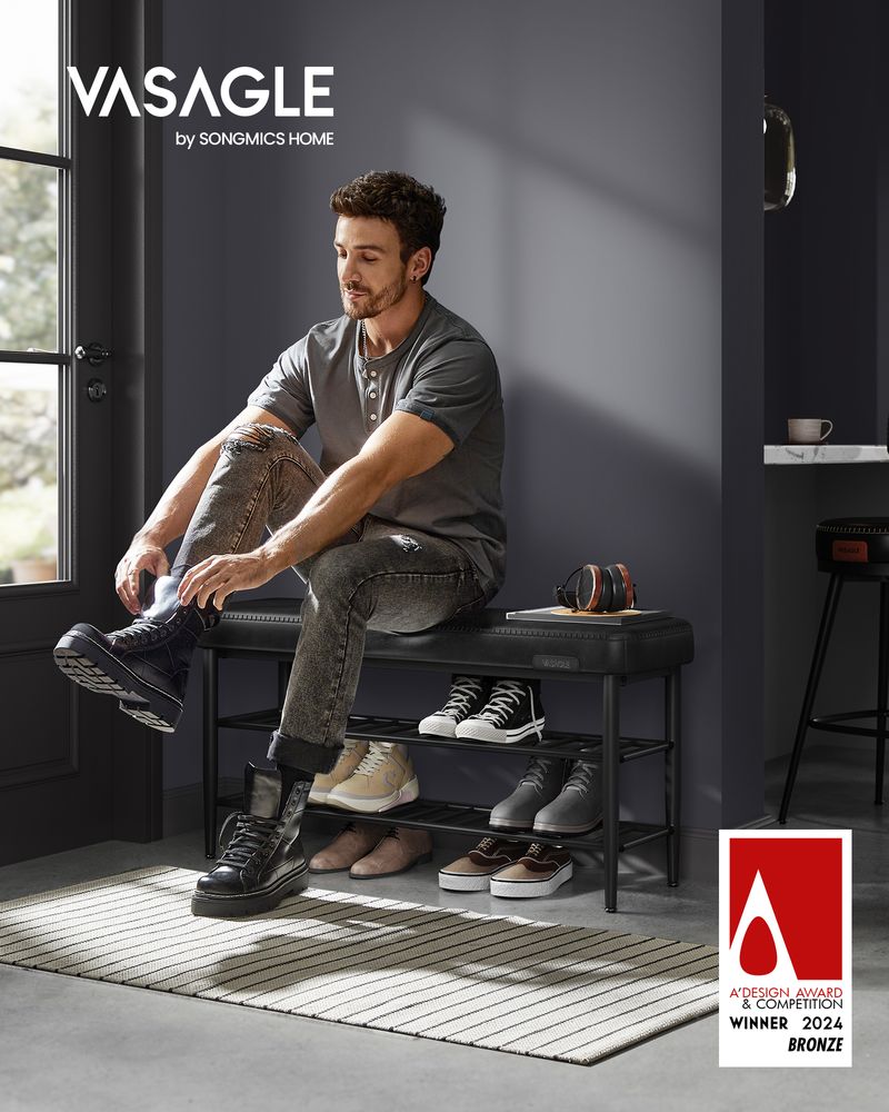 Shoe Bench With Cushion - Metal Shelves - Entryway Storage