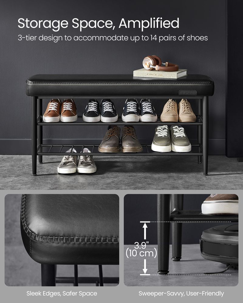 Shoe Bench With Cushion - Metal Shelves - Entryway Storage