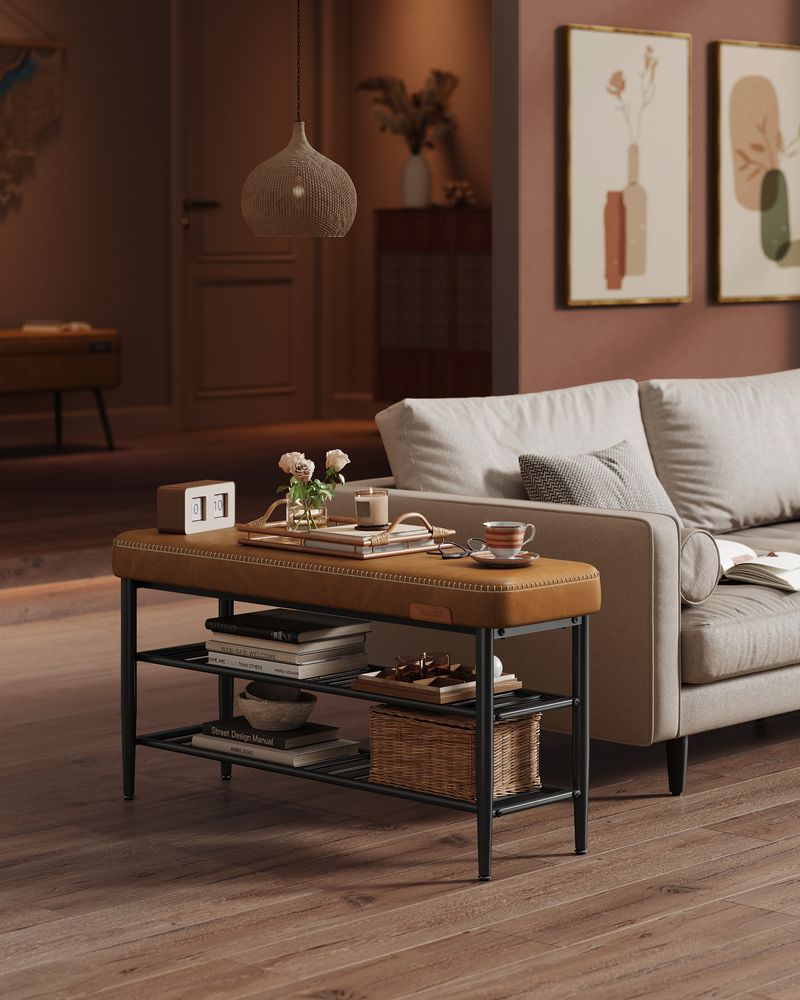 Shoe Bench With Cushion - Metal Shelves - Entryway Storage
