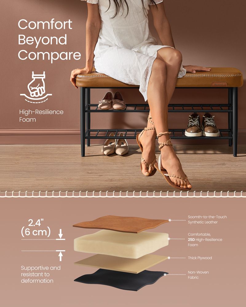 Shoe Bench With Cushion - Metal Shelves - Entryway Storage