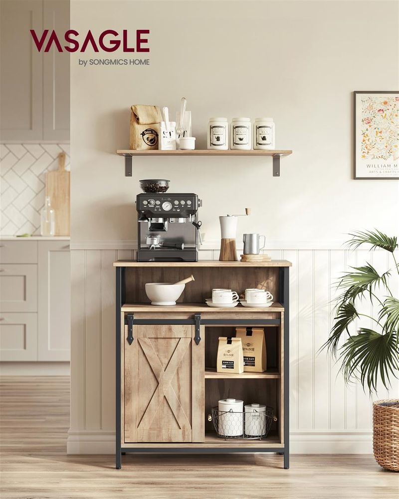 Buffet Cabinet with Sliding Barn Door – Open Storage – Adjustable Shelves