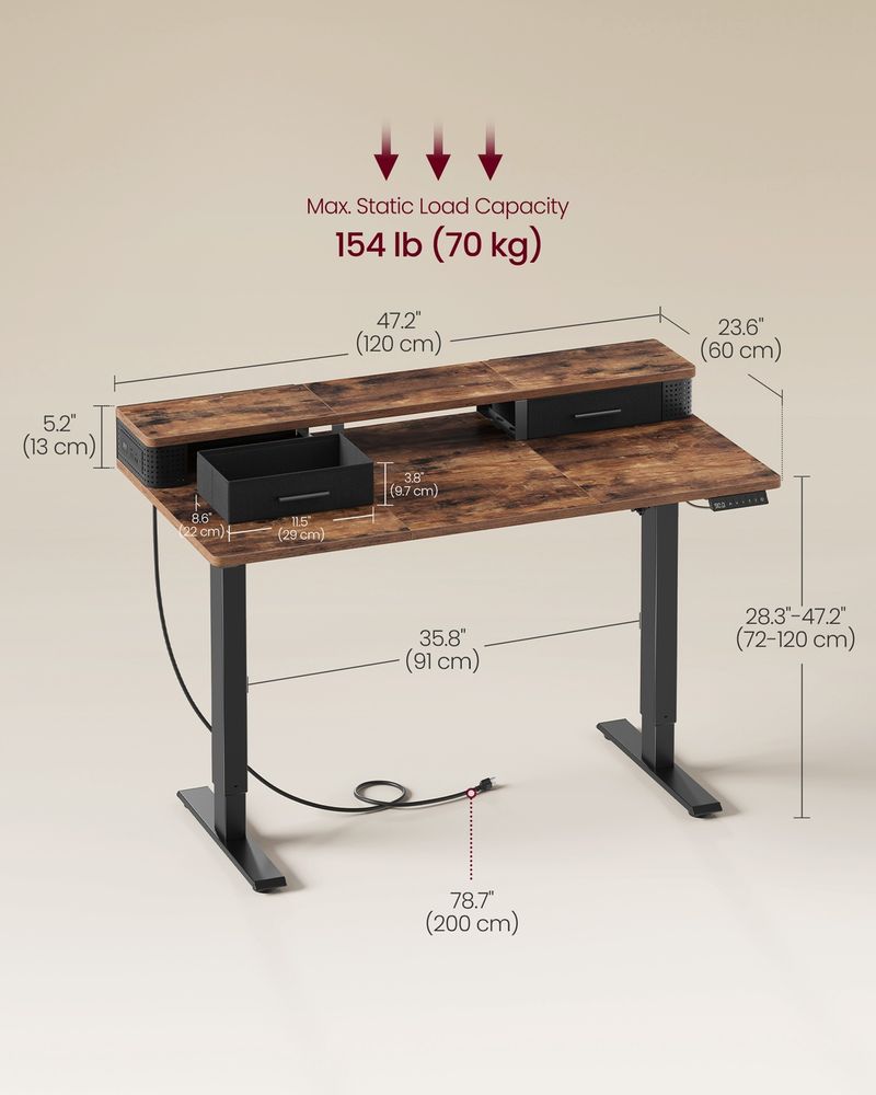 Electric Standing Desk With Drawers – Height Adjustable – Built-In Power Outlets