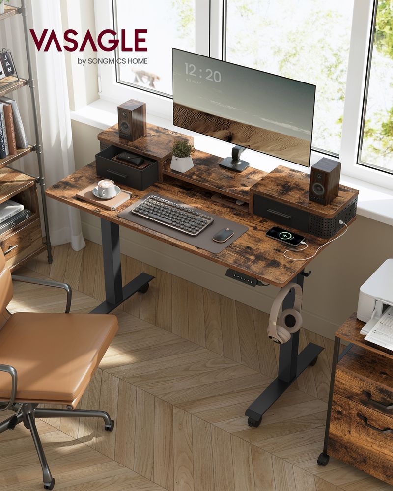 Electric Standing Desk With Drawers – Height Adjustable – Built-In Power Outlets
