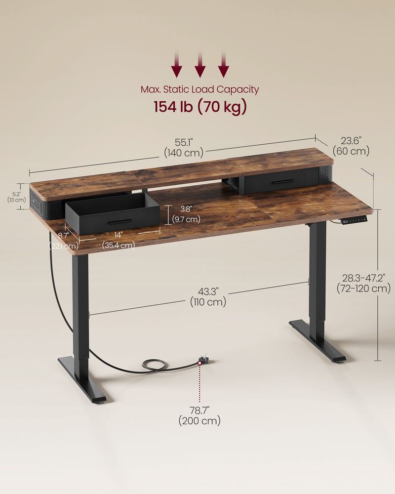Electric Standing Desk With Drawers – Height Adjustable – Built-In Power Outlets