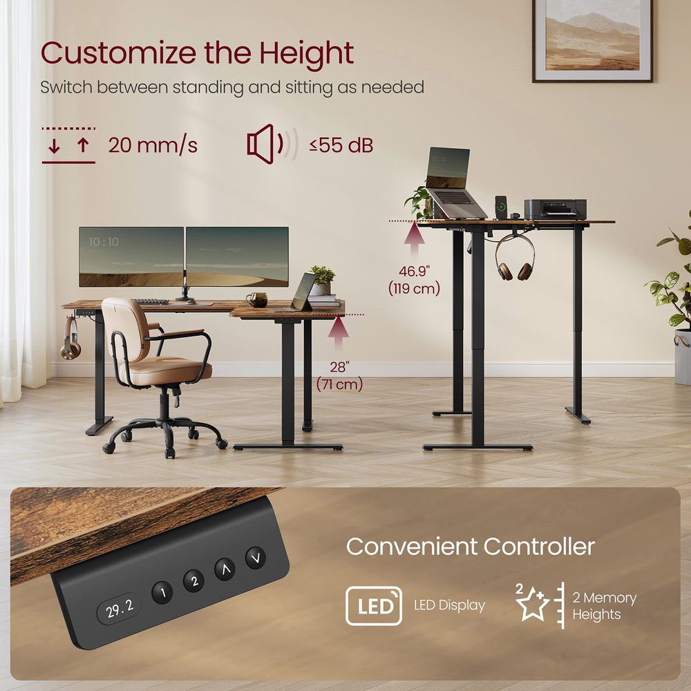 L-Shaped Electric Standing Desk – Height Adjustable – With Power Outlets