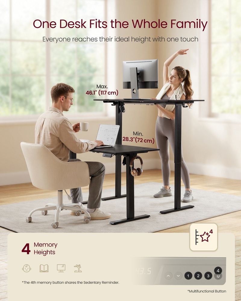 Standing Desk – Electric Height Adjustable – Memory Presets & Hooks