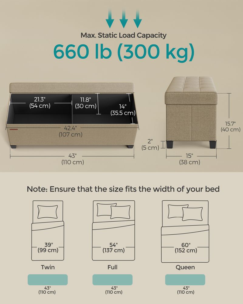 Storage Ottoman Bench - 43.3 Inch - Linen Look Seating