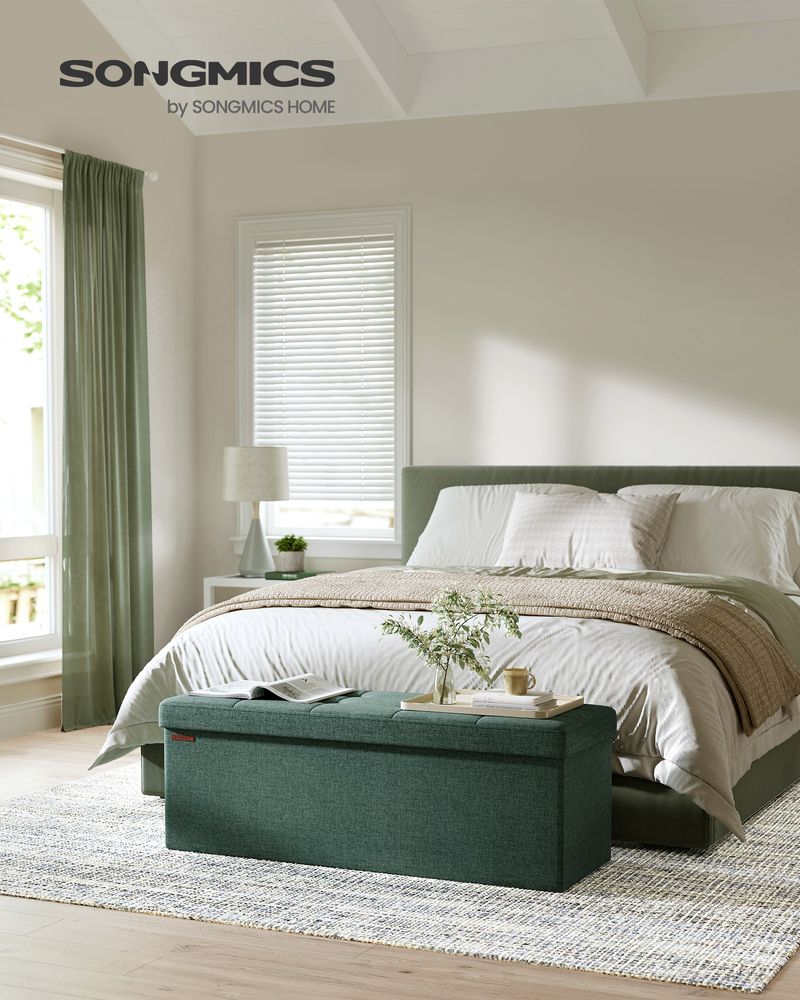 Folding Storage Ottoman Bench – Linen Fabric – 43 Inch Seating Box