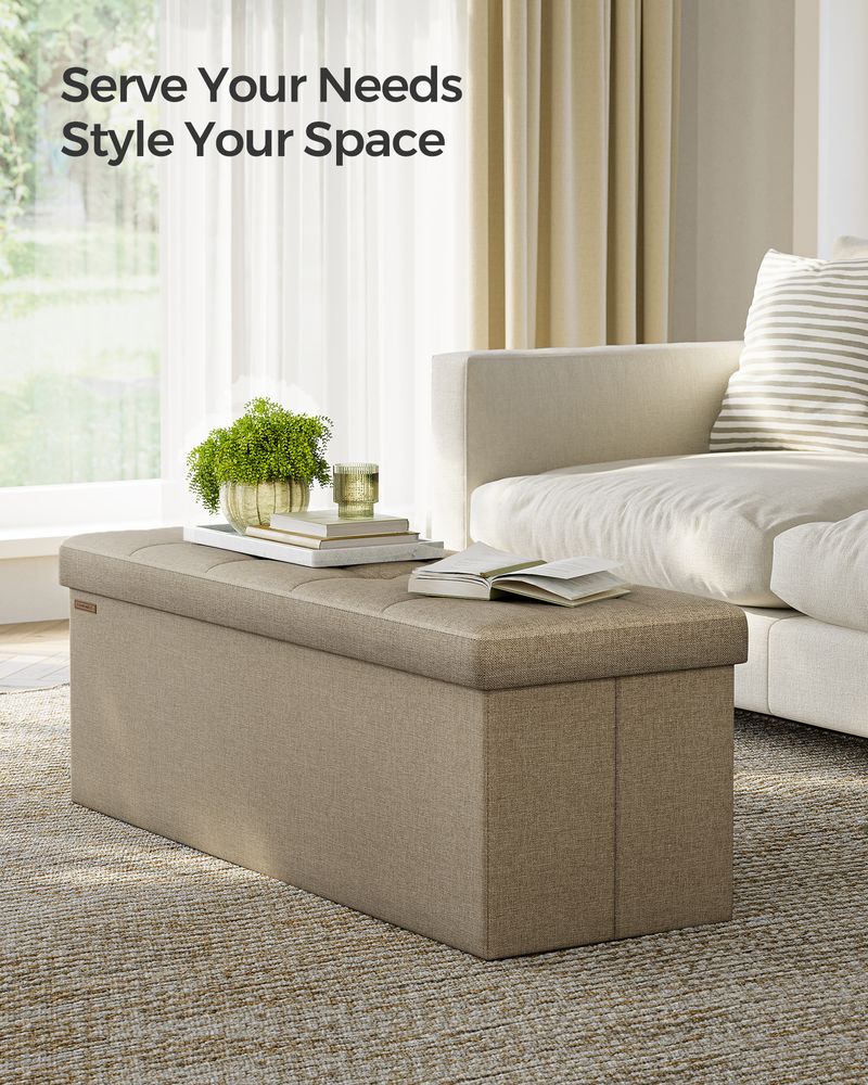 Storage Ottoman Bench - 43 Inch Folding - Linen Look