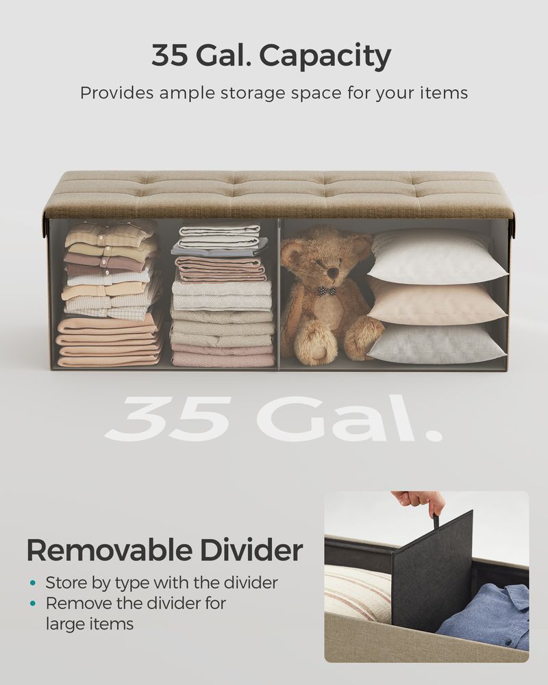 Storage Ottoman Bench - 43 Inch Folding - Linen Look