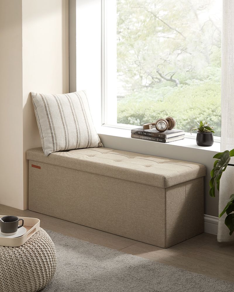 Folding Storage Ottoman Bench – Linen Fabric – 43 Inch Seating Box