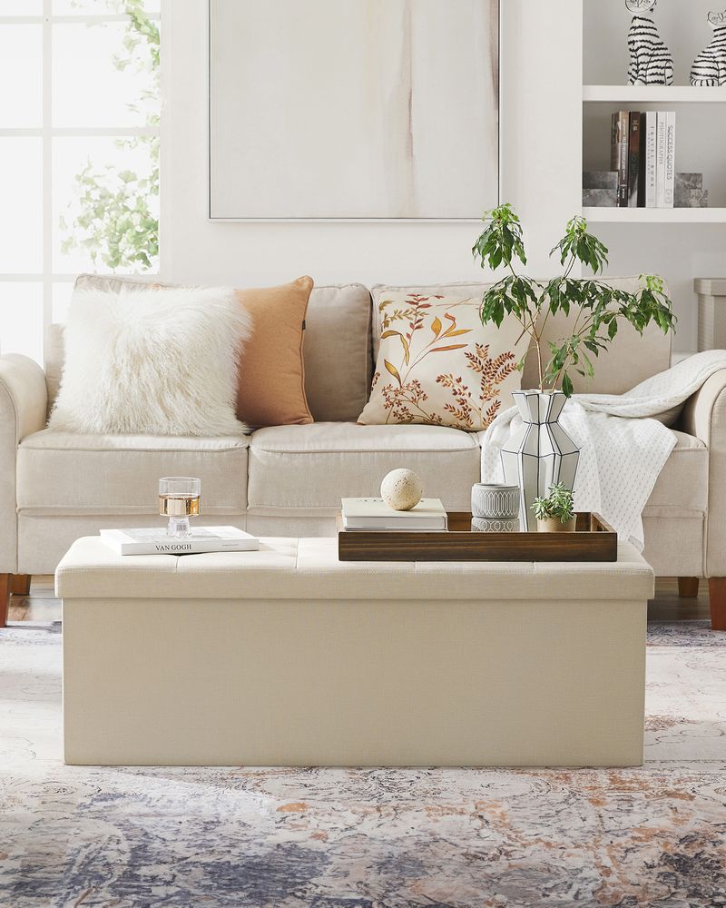 Storage Ottoman Bench - 43 Inch Folding - Linen Look