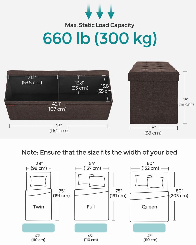 Storage Ottoman Bench - 43 Inch Folding - Linen Look