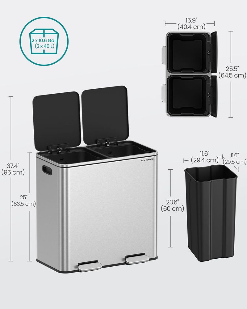 Double Kitchen Trash Can – 2 x 10.6 Gallon – Step Pedal Soft Close