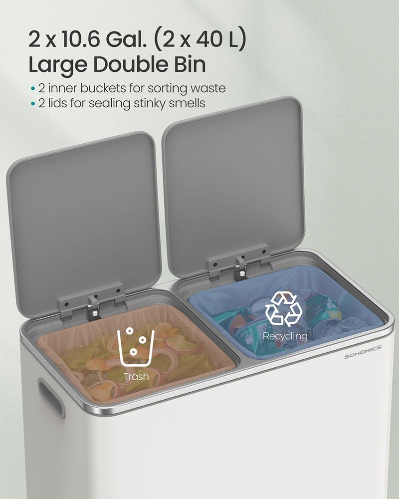 Double Kitchen Trash Can – 2 x 10.6 Gallon – Step Pedal Soft Close