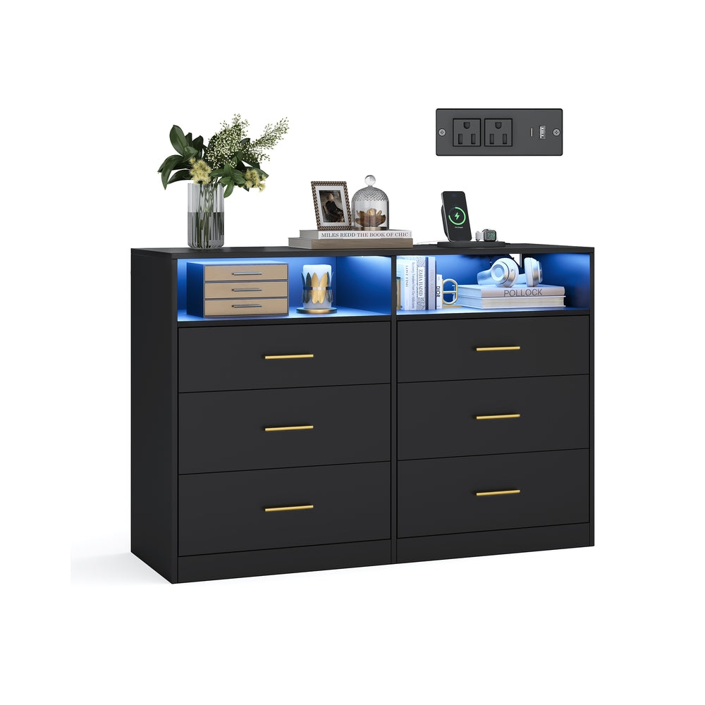 6 Drawer Dresser With Charging Station LED Lights Storage Cabinet