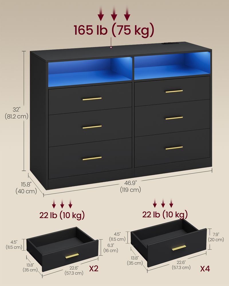 6 Drawer Dresser With Charging Station LED Lights Storage Cabinet