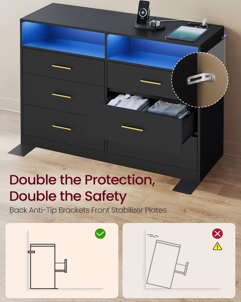 6 Drawer Dresser With Charging Station LED Lights Storage Cabinet