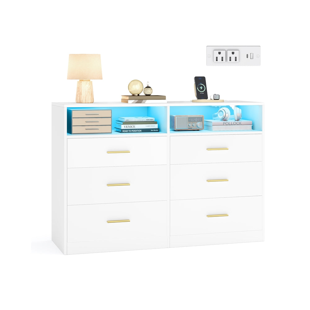 6 Drawer Dresser With Charging Station LED Lights Storage Cabinet