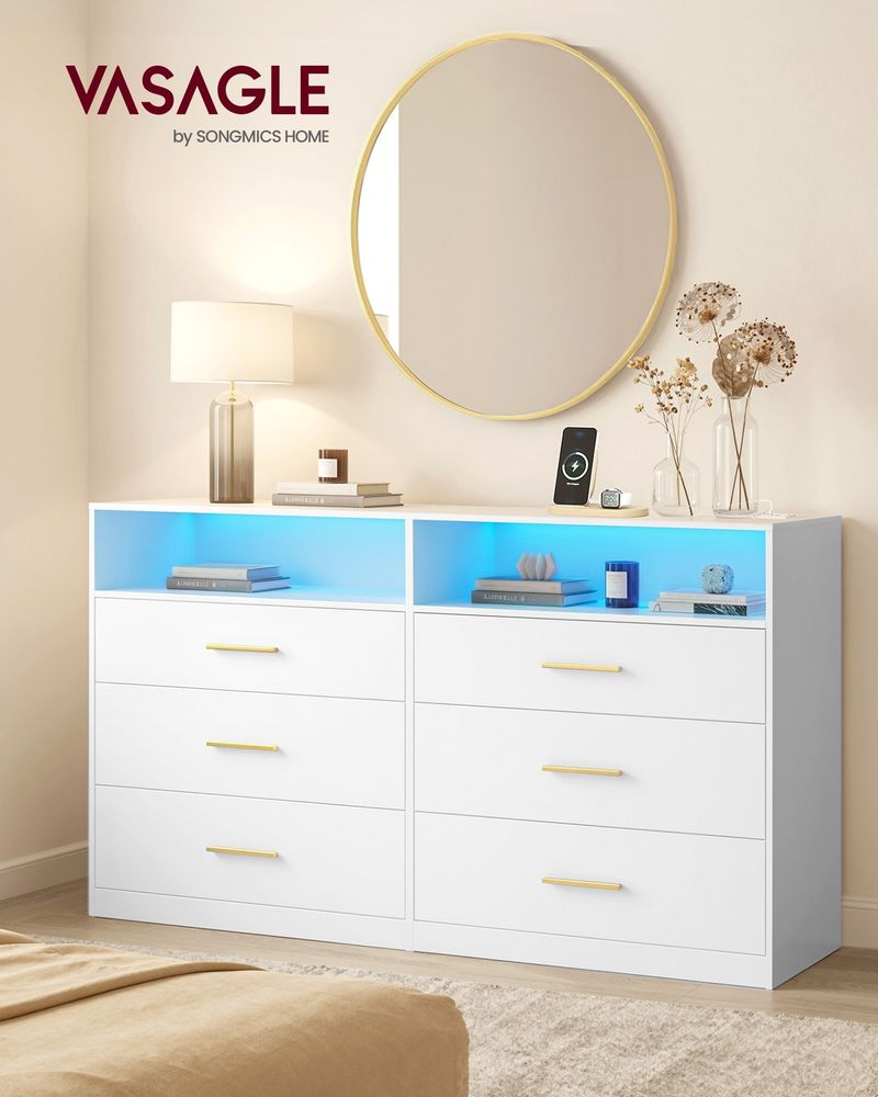 6 Drawer Dresser With Charging Station LED Lights Storage Cabinet