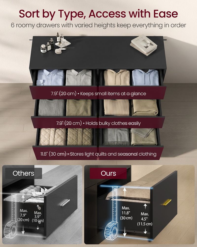 6 Drawer Dresser With Charging Station LED Lights Storage Cabinet