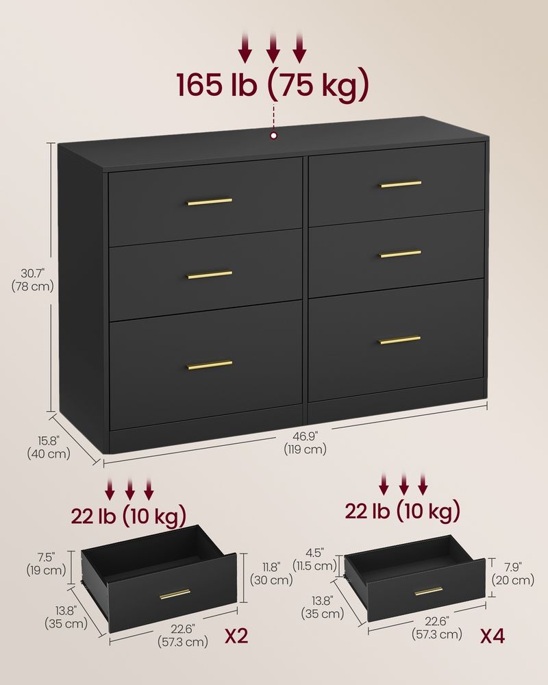 6 Drawer Dresser With Charging Station LED Lights Storage Cabinet