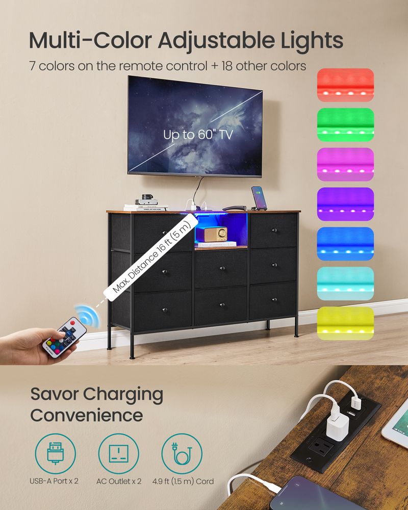 Fabric Dresser with Power Outlets & LED Lights – 8 Drawers – Storage Chest