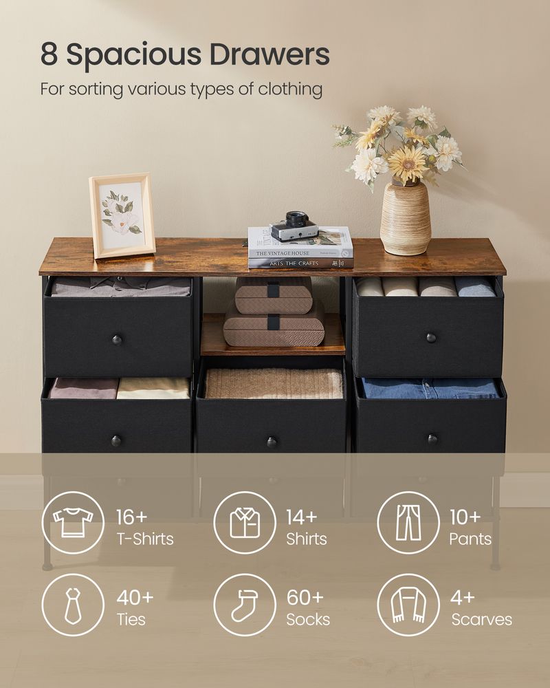 Fabric Dresser with Power Outlets & LED Lights – 8 Drawers – Storage Chest