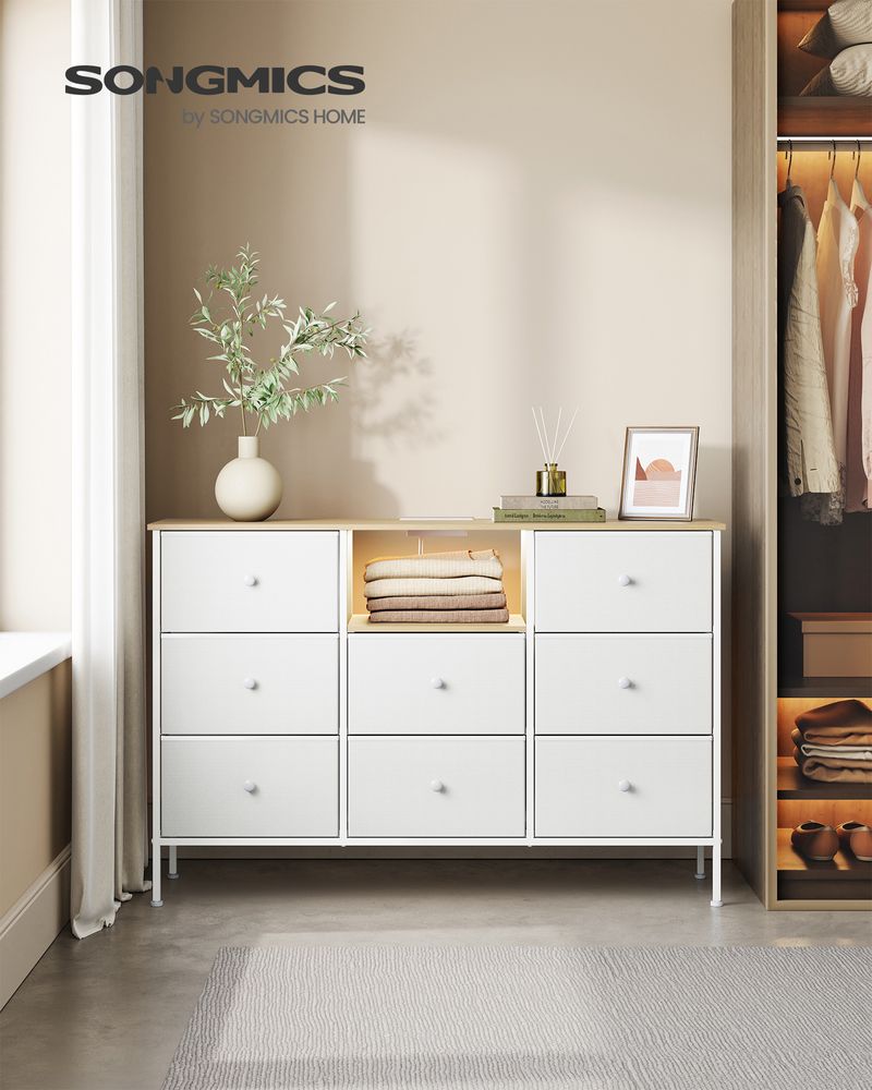 Fabric Dresser with Power Outlets & LED Lights – 8 Drawers – Storage Chest