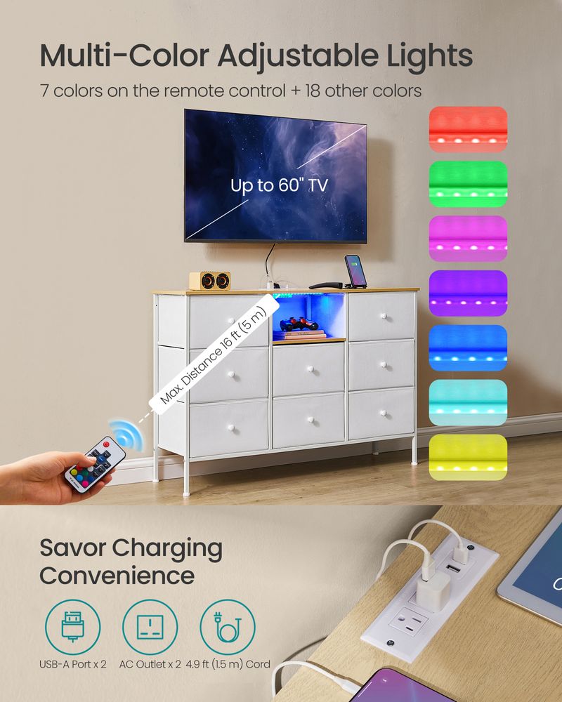 Fabric Dresser with Power Outlets & LED Lights – 8 Drawers – Storage Chest