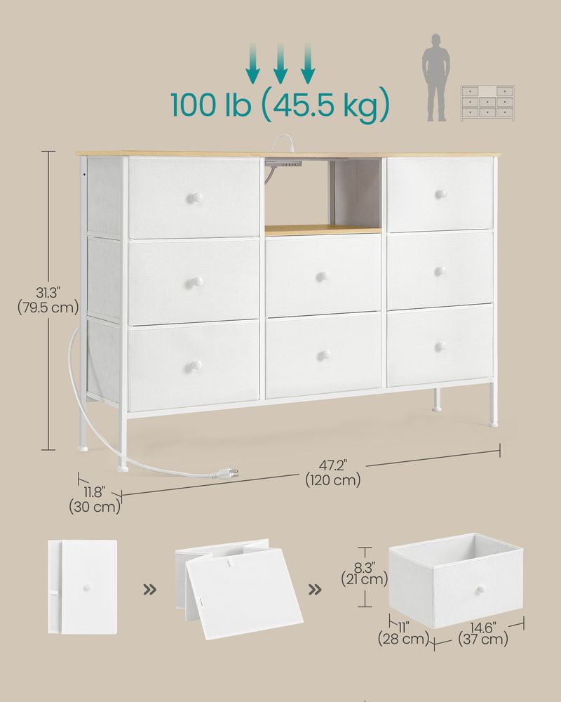 Fabric Dresser with Power Outlets & LED Lights – 8 Drawers – Storage Chest